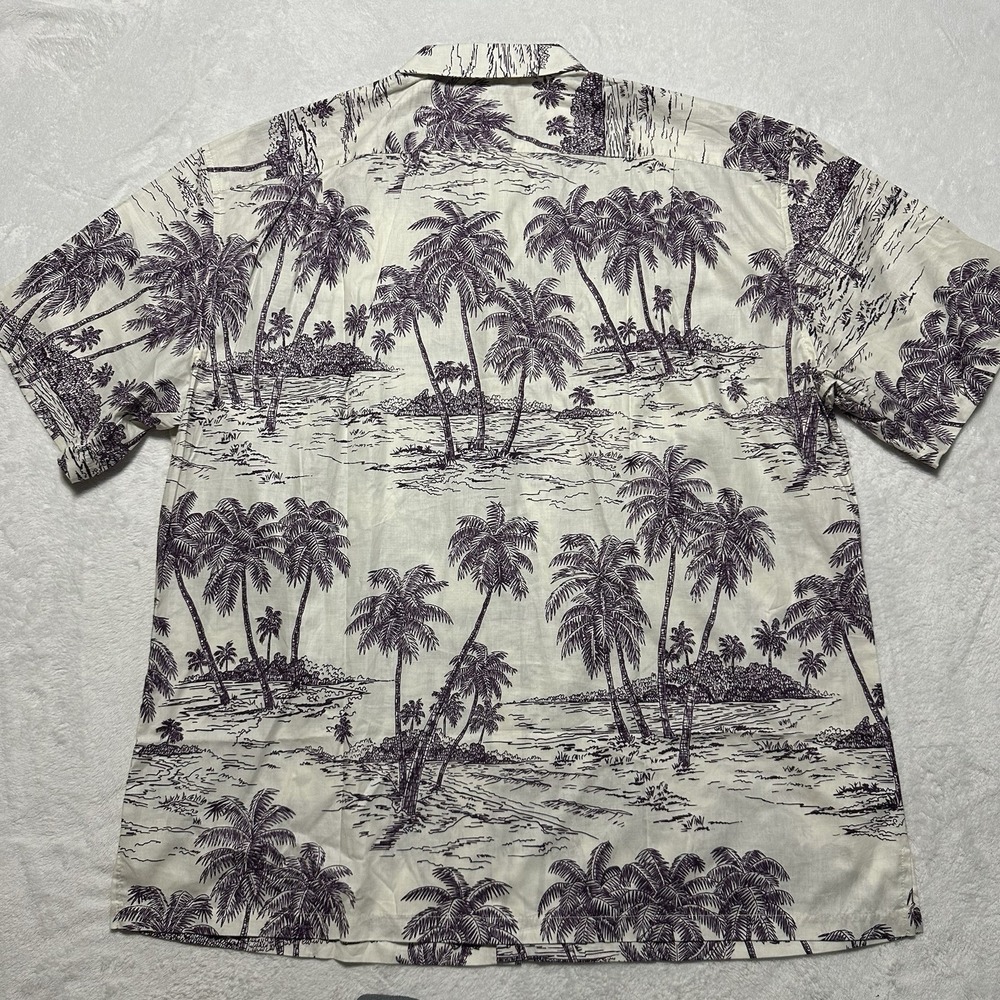 Tori Richard 2XL Aloha Shirt Cotton Coastal Engraving Purple Palm Tree Scenic - Picture 7 of 11